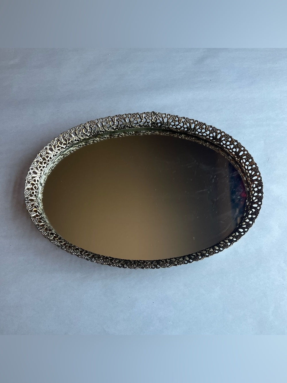 Vintage Oval Filigree Metal Rim Oval Mirror Vanity Tray 12x8.25”